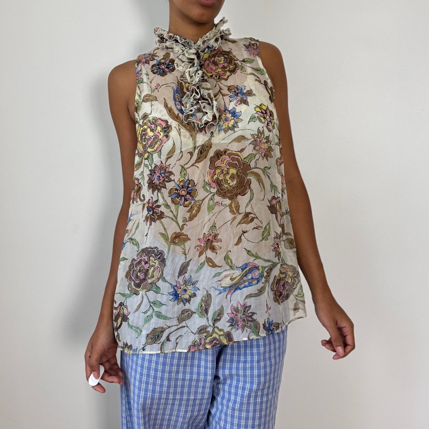 Vintage Italian Sheer Mesh Ruffle-Neck Floral Tunic Top (M/L)