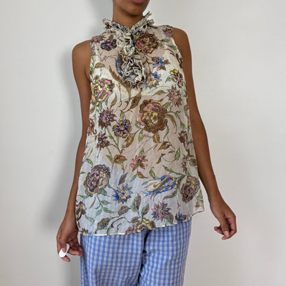 Vintage Italian Sheer Mesh Ruffle-Neck Floral Tunic Top (M/L)
