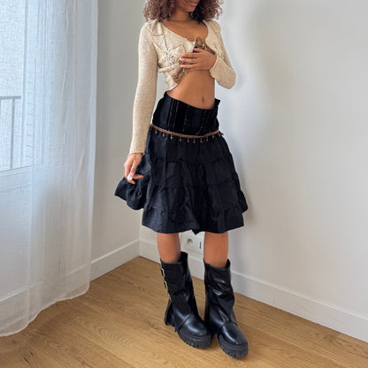 Vintage Italian black tiered midi skirt with velvet panel & beaded trim (S)