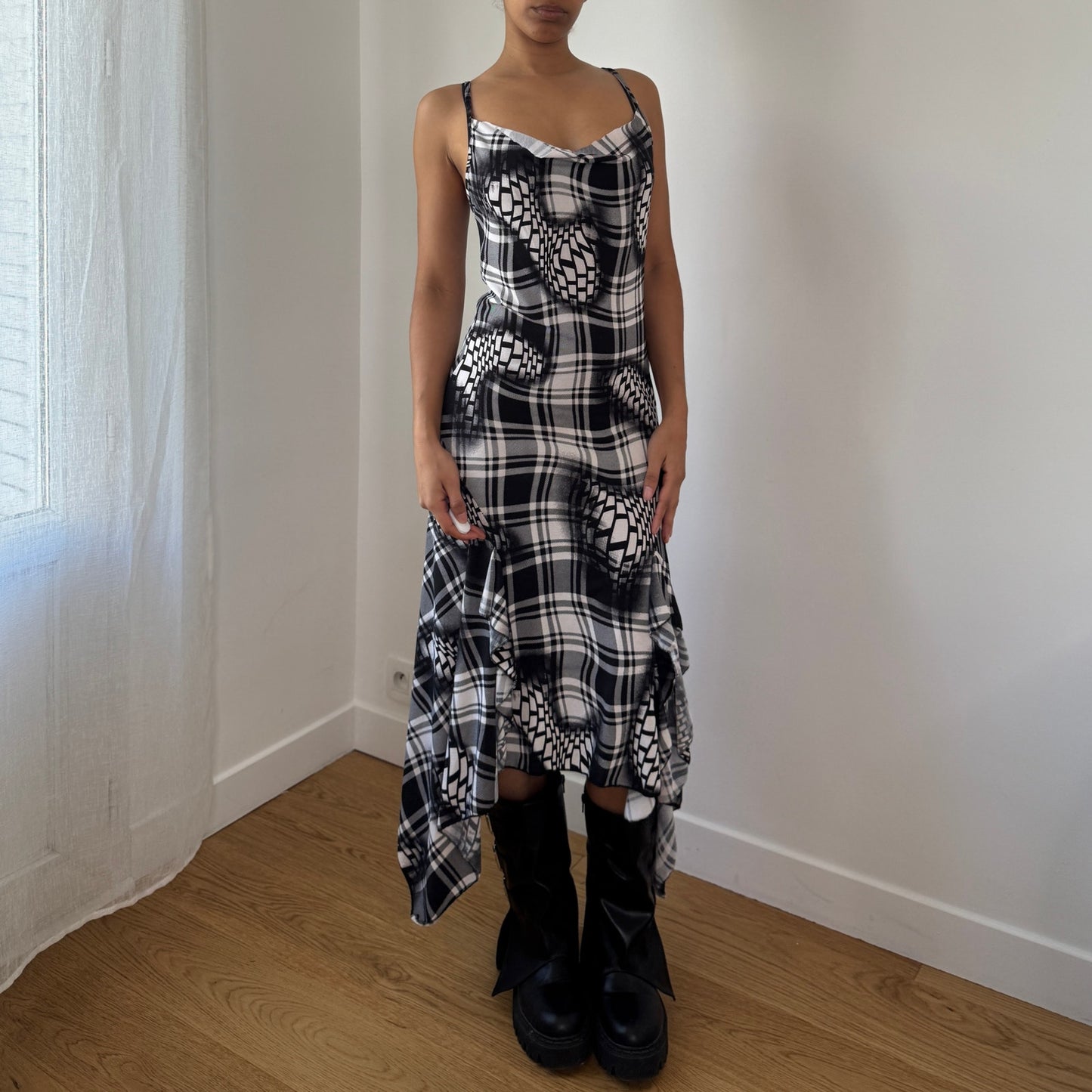 Vintage French Check Midi Dress Asymmetrical Hem (S)