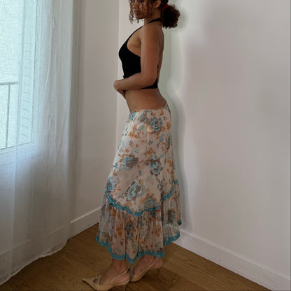 Vintage Silk Floral Mesh Ruffle Midi Skirt Italian Y2K (S)