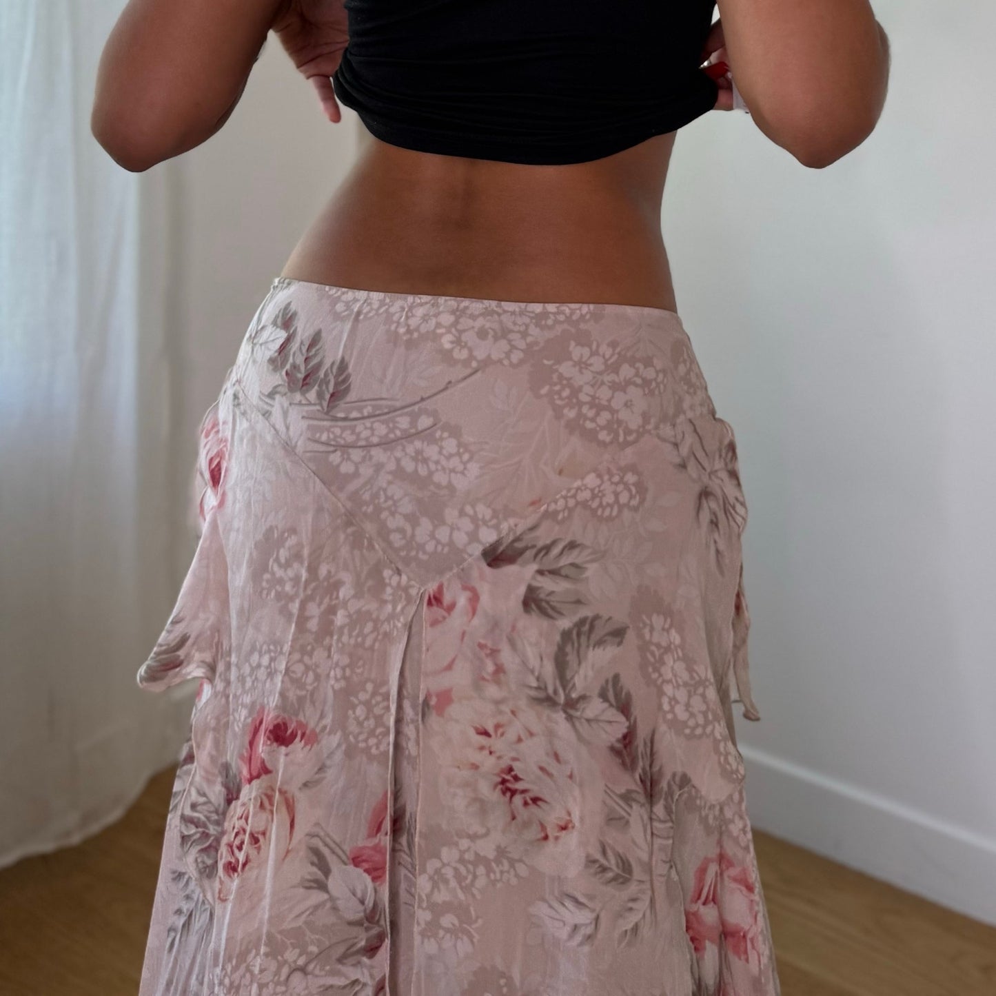 Vintage Blumarine Pink Floral Silk Maxi Skirt Ruffle Layer Italian Y2K (S)