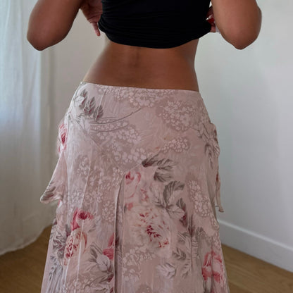 Vintage Blumarine Pink Floral Silk Maxi Skirt Ruffle Layer Italian Y2K (S)