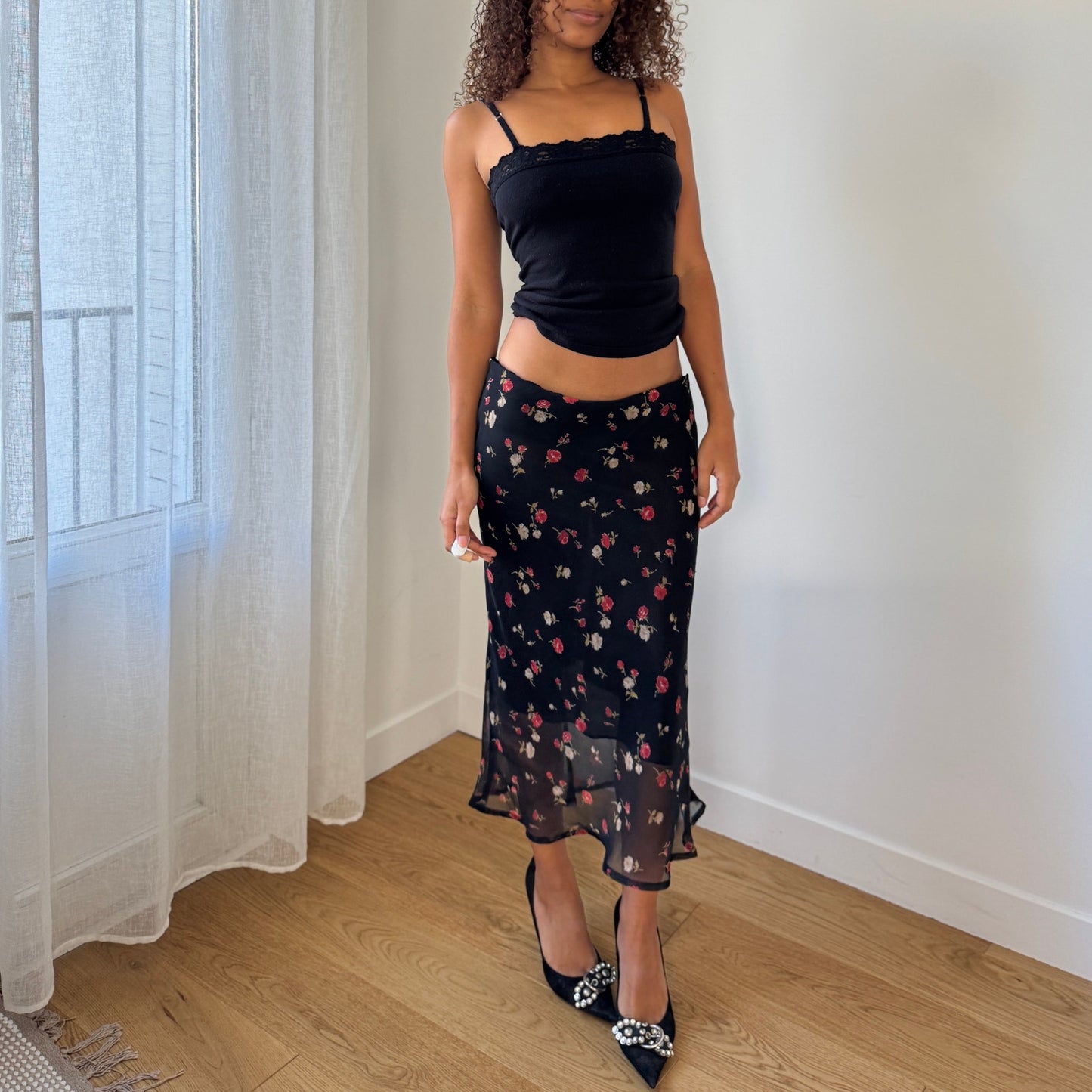 Vintage Italian black floral mesh midi skirt (S/M)