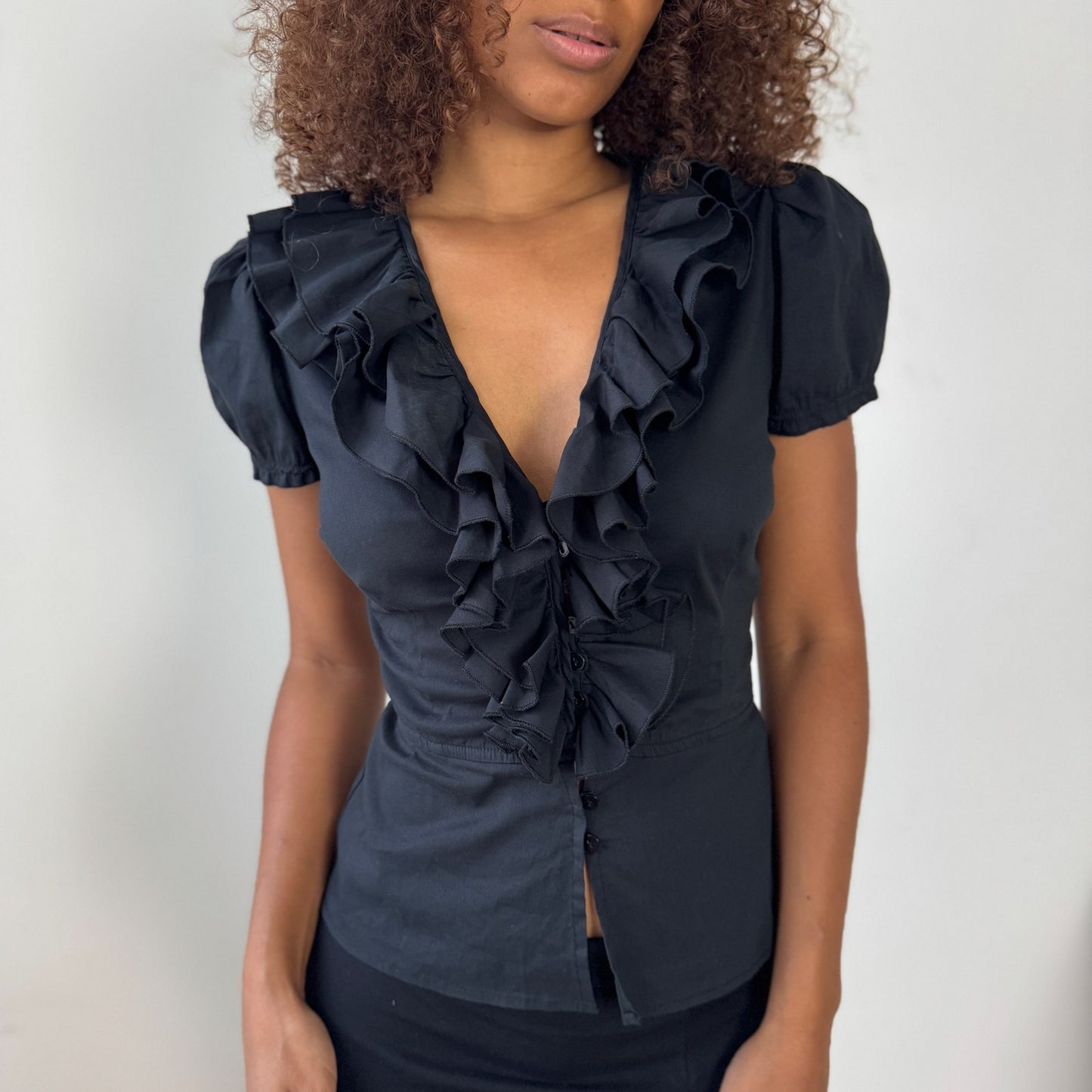 Vintage Italian Ruffle Front Button-Up Blouse (XS/S)