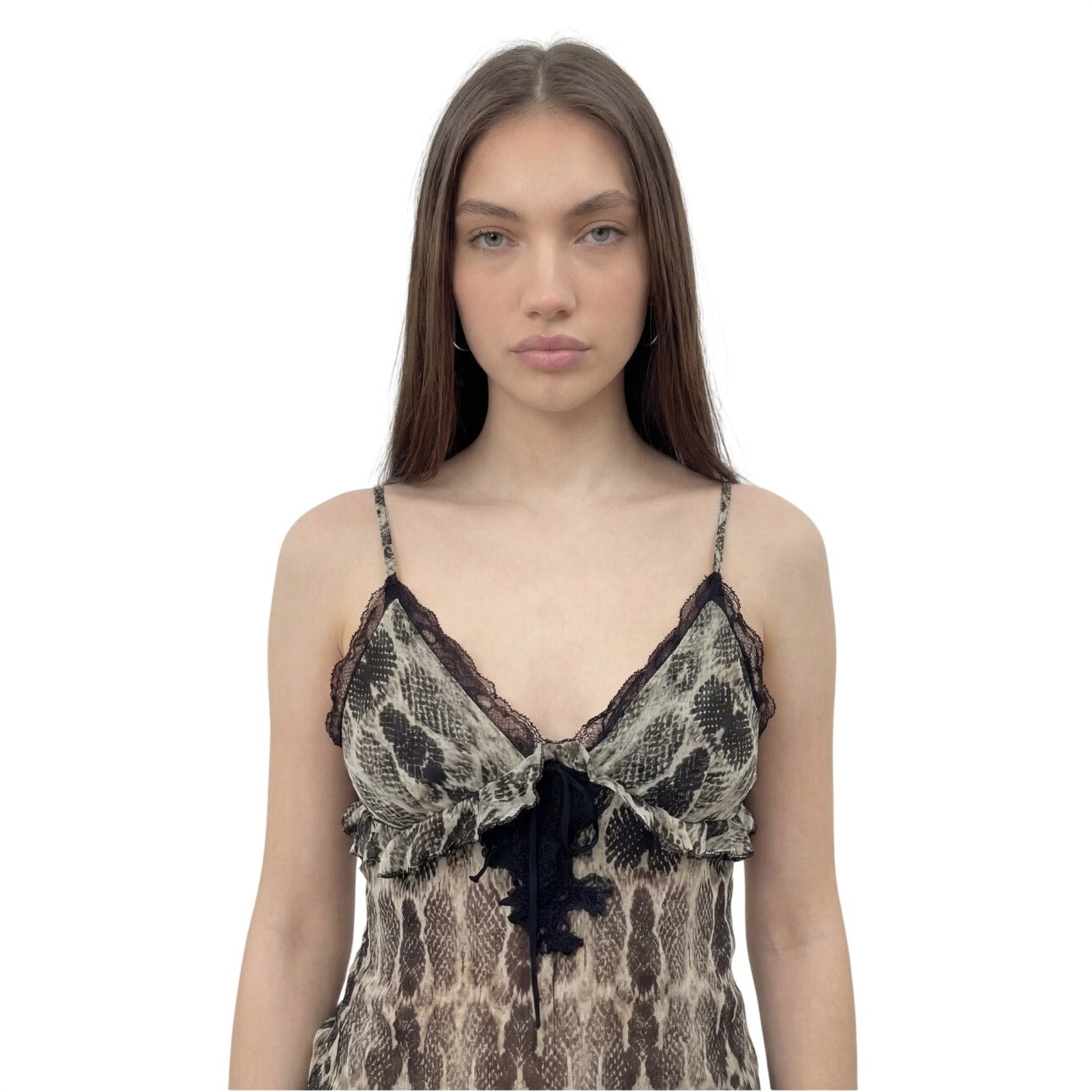 Vintage Pinko Cream & Black Snakeskin Print Silk Lace Cami Top (S/M)