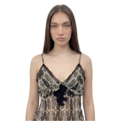 Vintage Pinko Cream & Black Snakeskin Print Silk Lace Cami Top (S/M)
