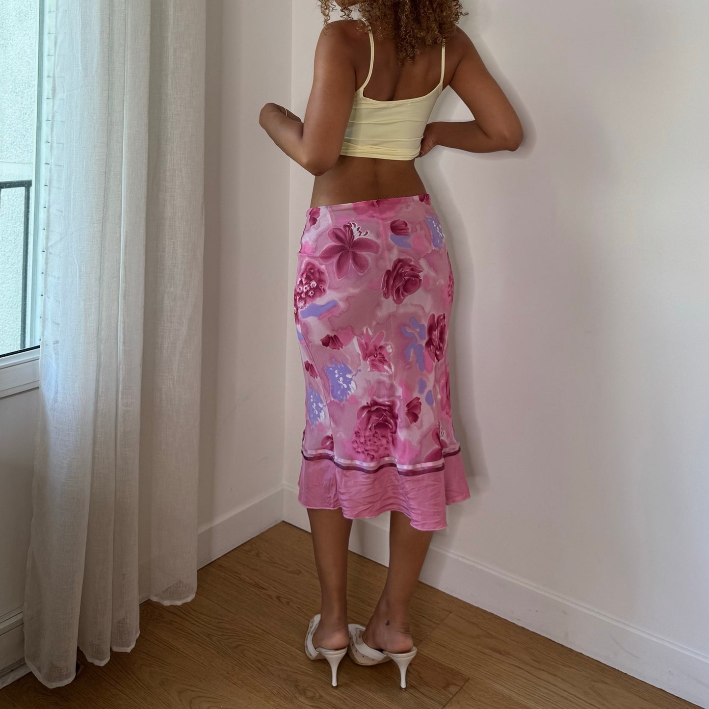 Vintage Pink Purple Floral Satin Midi Skirt Italian Y2K (S)