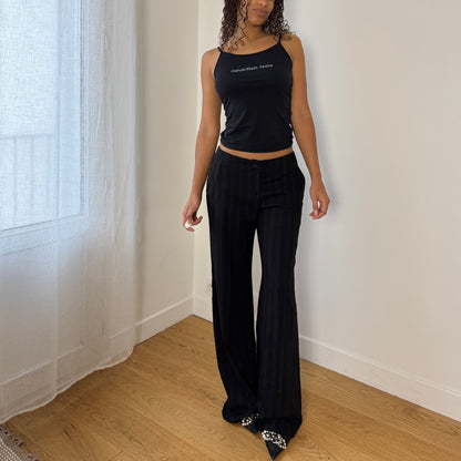Vintage Euro Black Tonal Pinstripe Low Rise Wide Leg Trousers (Small)