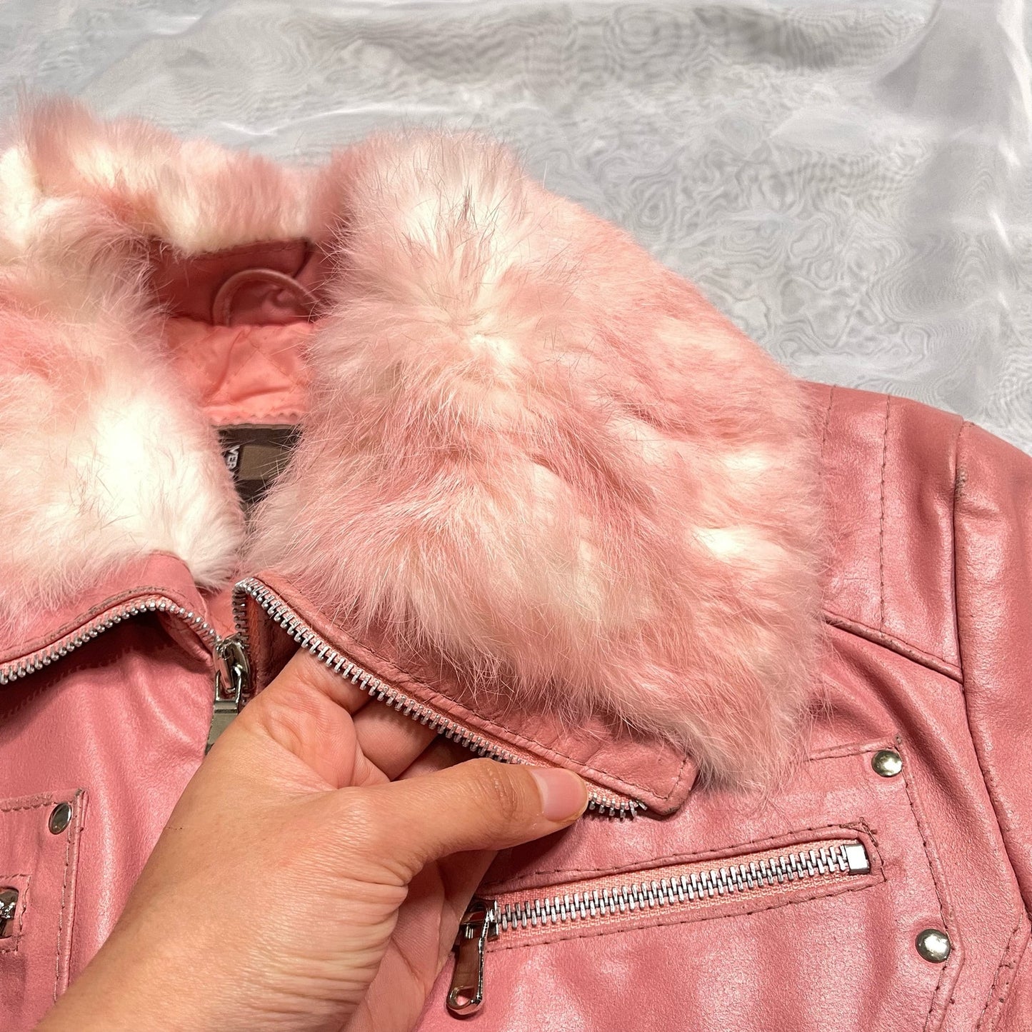 Vintage 90s pink leather jacket faux fur trim (XS/S)