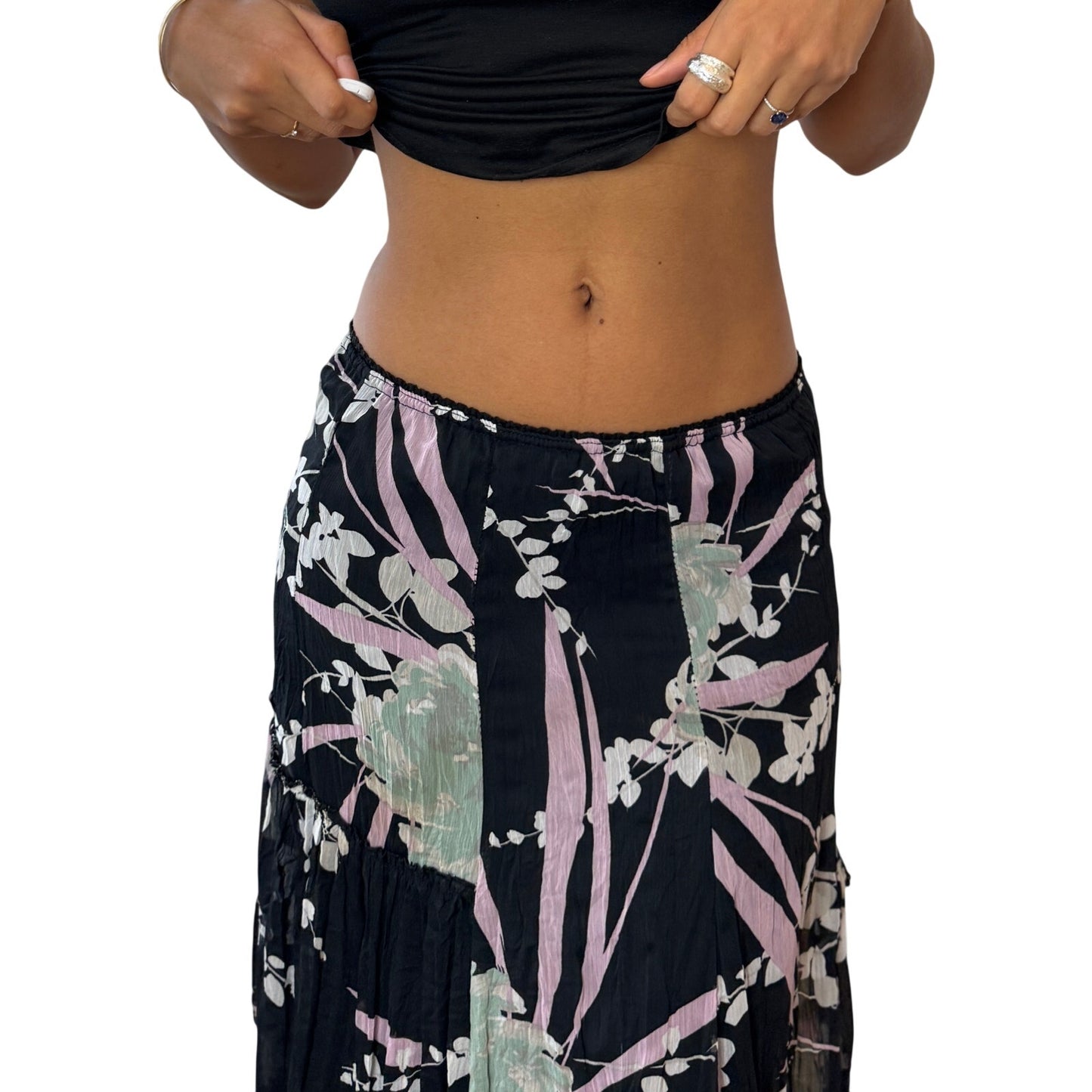 Vintage Italian black floral mesh midi skirt with abstract floral print (XS/S)