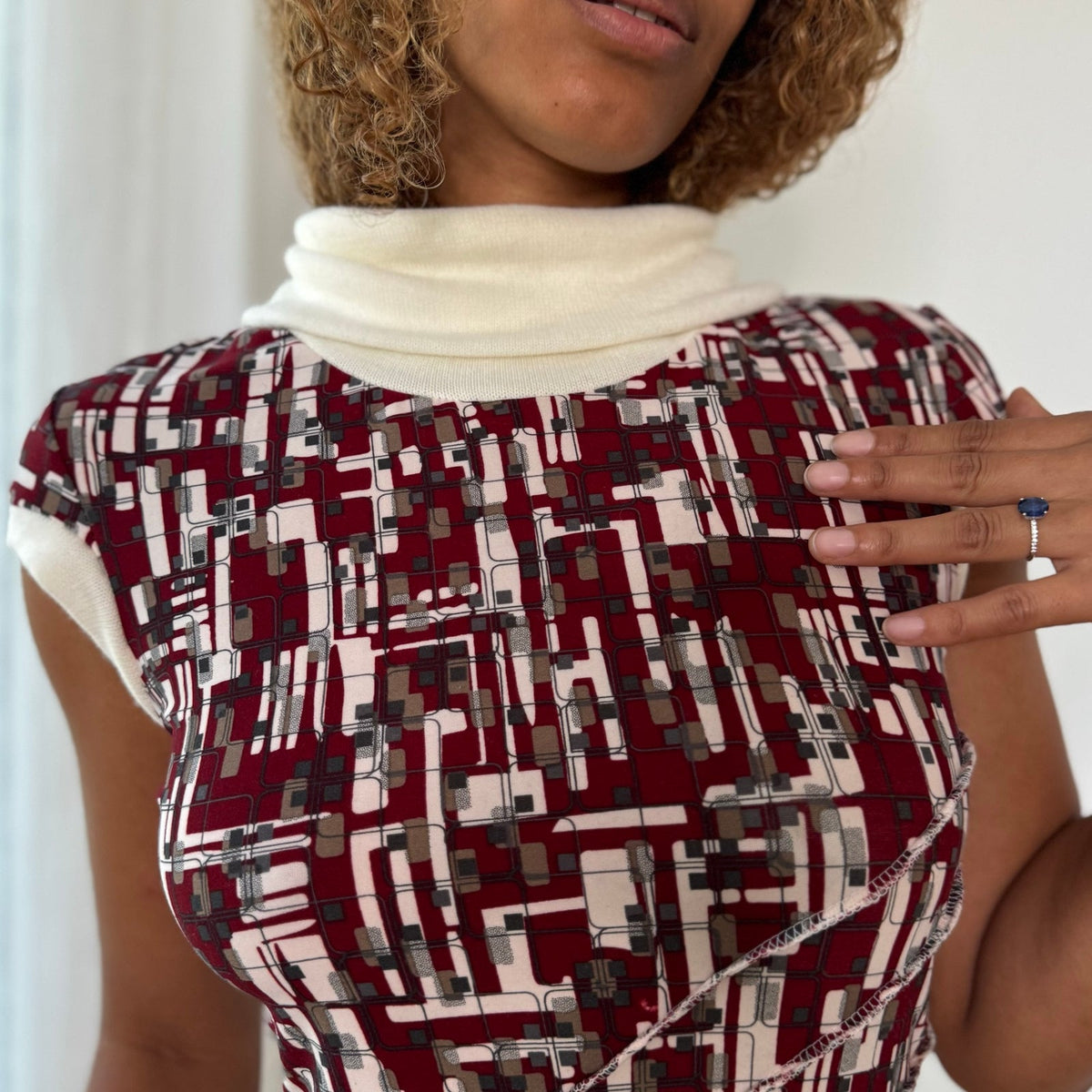 Italian vintage 2000s burgundy cream & black geometric print slinky mini dress with knit turtleneck