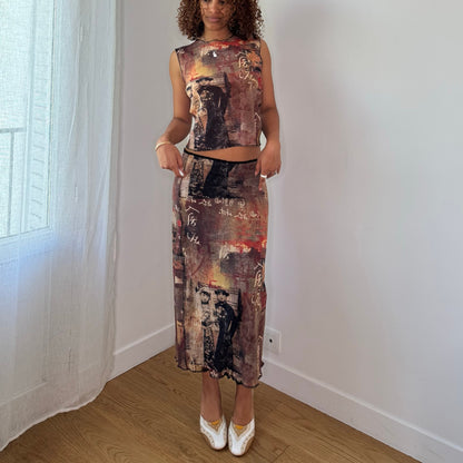 Vintage Euro Mesh Graphic Skirt Set Y2K Sheer Editorial Two Piece (S/M)