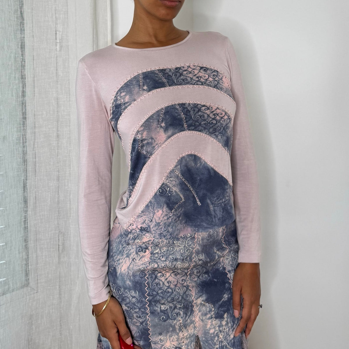 Italian vintage Y2K pink and blue two-piece set with slinky long sleeve top and embroidered silk mesh midi skirt