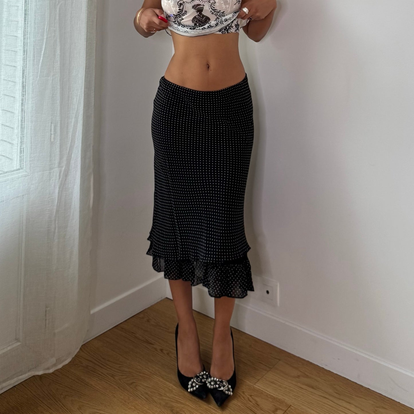 Vintage Black Polka Dot Mesh Midi Skirt Ruffle Hem Italian Y2K (M)