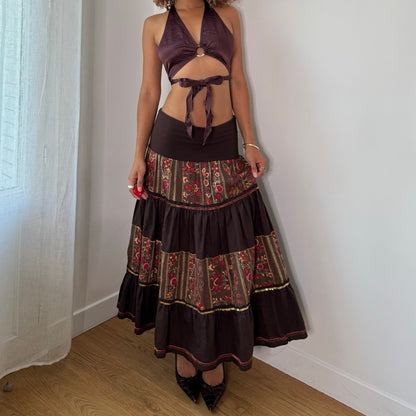 Vintage Brown Floral Tiered Maxi Skirt Italian Boho Y2K (S/M)
