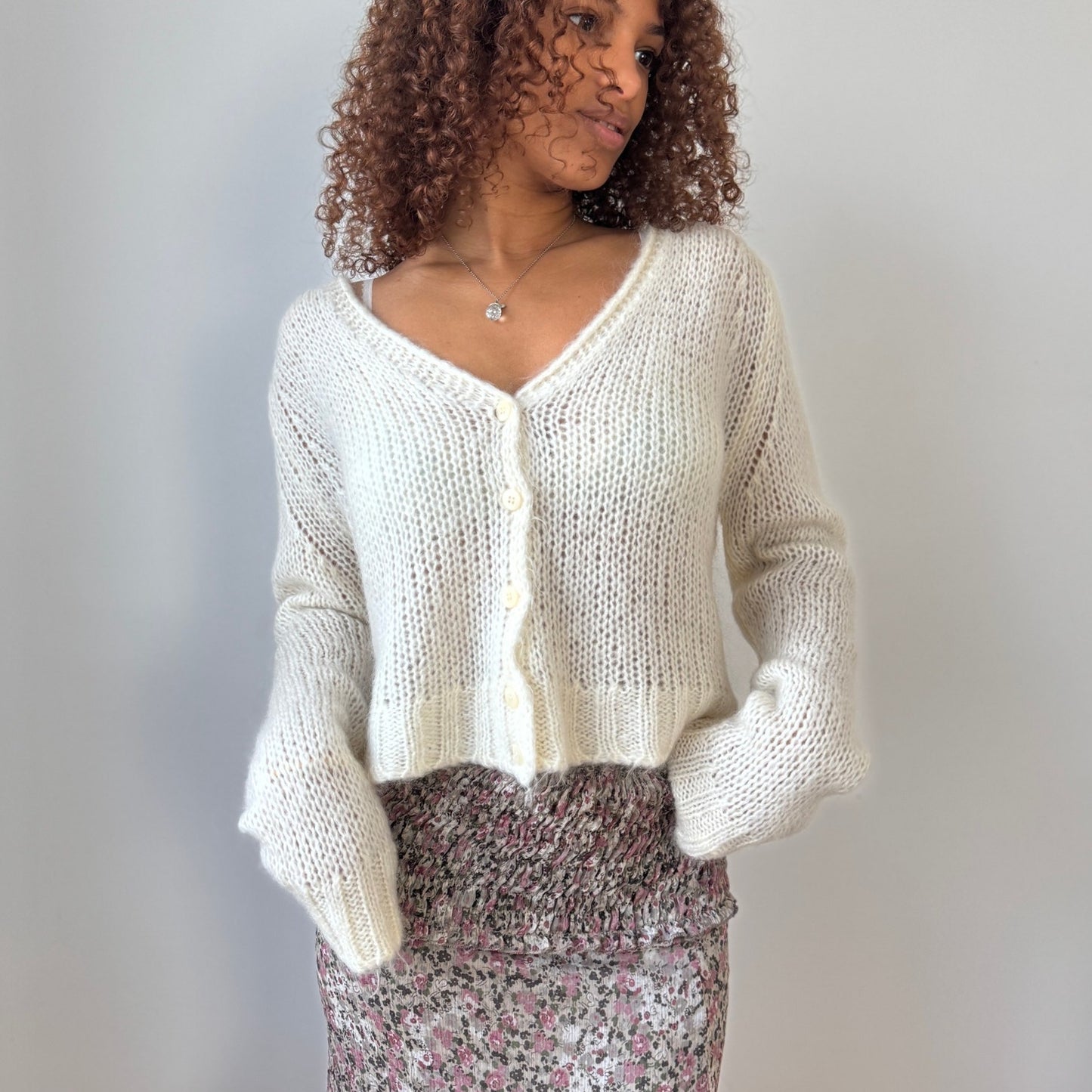 Italian Vintage Ivory Mohair Blend Knit Cardigan Soft Minimal (M/L)