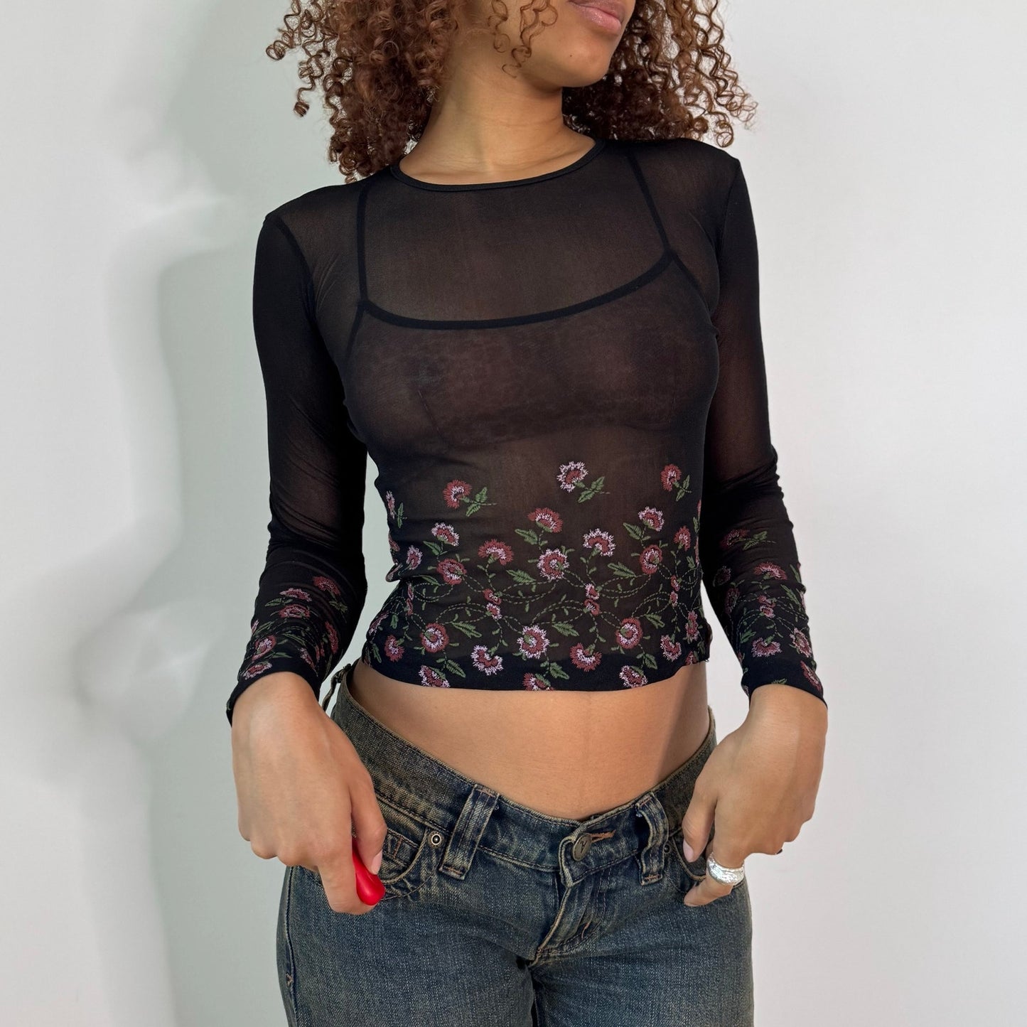 Vintage Black Pink Green Embroidered Floral Sheer Mesh Long Sleeve Top Italian Y2K (S)