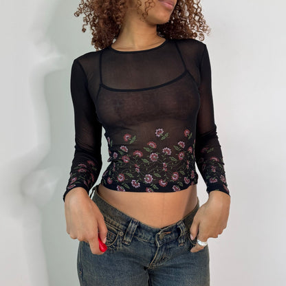 Vintage Black Pink Green Embroidered Floral Sheer Mesh Long Sleeve Top Italian Y2K (S)