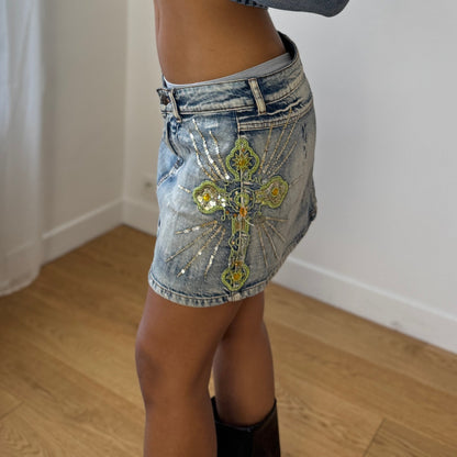 Vintage Italian Denim Mini Skirt Embroidered Sequin Floral 100% Cotton (S)