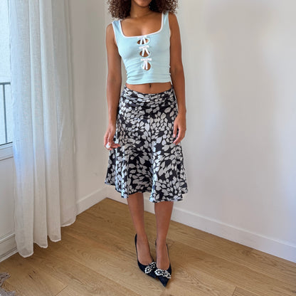 Vintage Satin Leaf-Print Flounce Midi Skirt (XS/S)