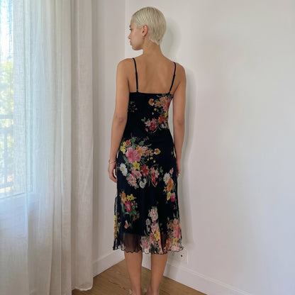 Vintage Black 100% Silk Floral Lace Midi Dress (S/M)