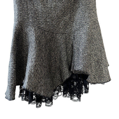 Vintage Italian grey tweed wool blend midi skirt with asymmetric flared hem and black lace underlayer (XS)