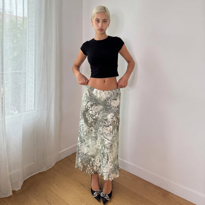 Vintage Sage Green Floral Mesh Midi Skirt Patchwork Tie Side Y2K (S/M)