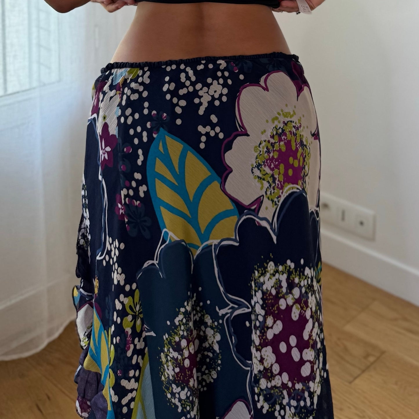 Vintage Navy Purple Blue Floral Ruffle Midi Skirt Italian Y2K (S/M)