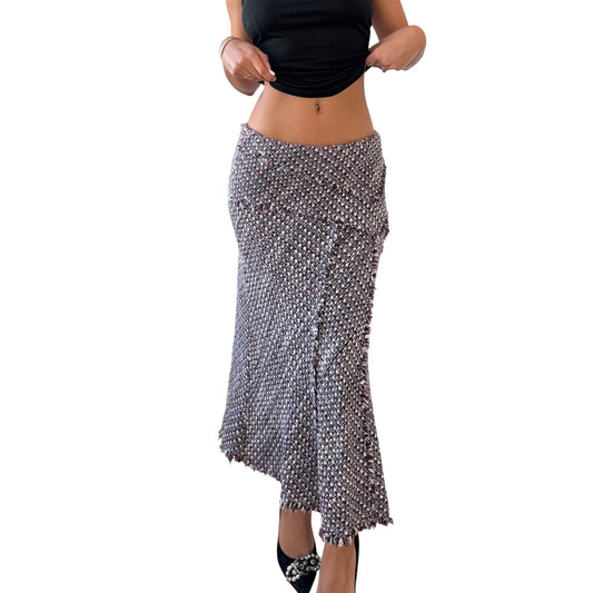 Vintage Italian textured tweed knit asymmetrical ruffle midi skirt (S)