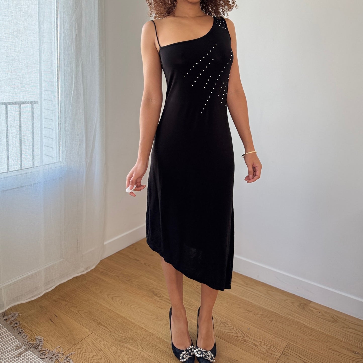 Vintage Italian Black Asymmetrical Mesh Dress Rhinestone Detail Midi (S/M)