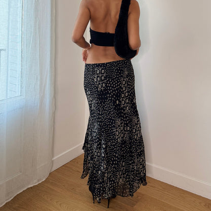 Vintage Italian Black White Floral Mesh Maxi Skirt Ruffle Hem (S/M)