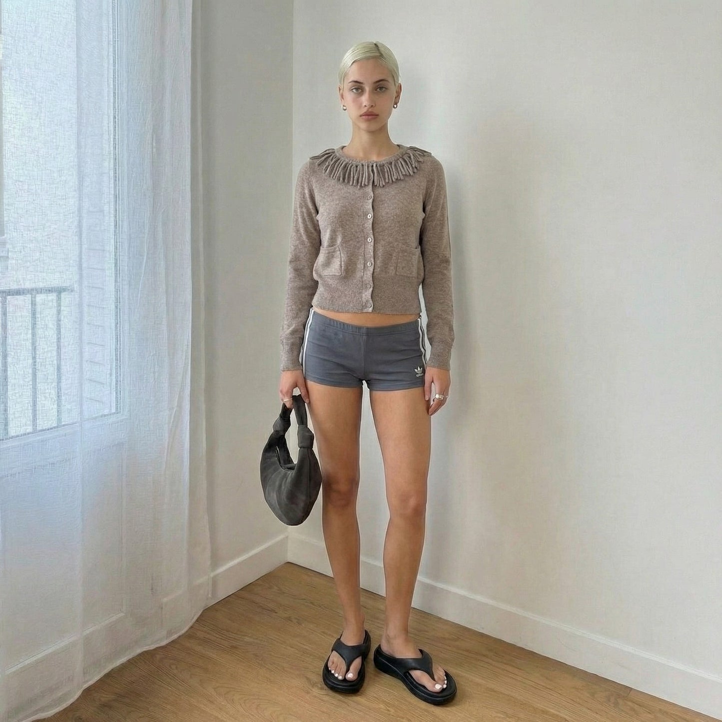 Vintage Marella Taupe Wool Cashmere Cardigan Fringe Collar (S)