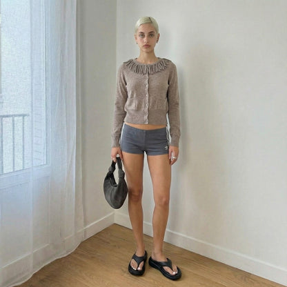 Vintage Marella Taupe Wool Cashmere Cardigan Fringe Collar (S)