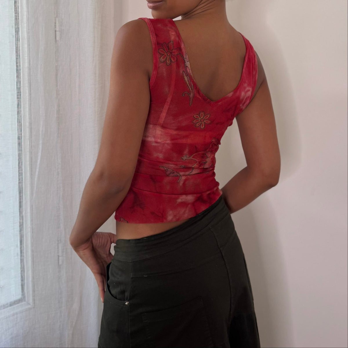 Italian vintage red floral print semi-sheer mesh tank top with rhinestone details