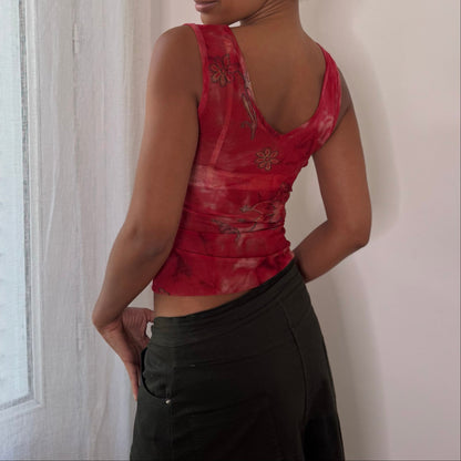 Italian vintage red floral print semi-sheer mesh tank top with rhinestone details