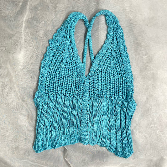 Vintage 90s Blue Knit Crochet Criss Cross Tank top (XS-M) Adjustable