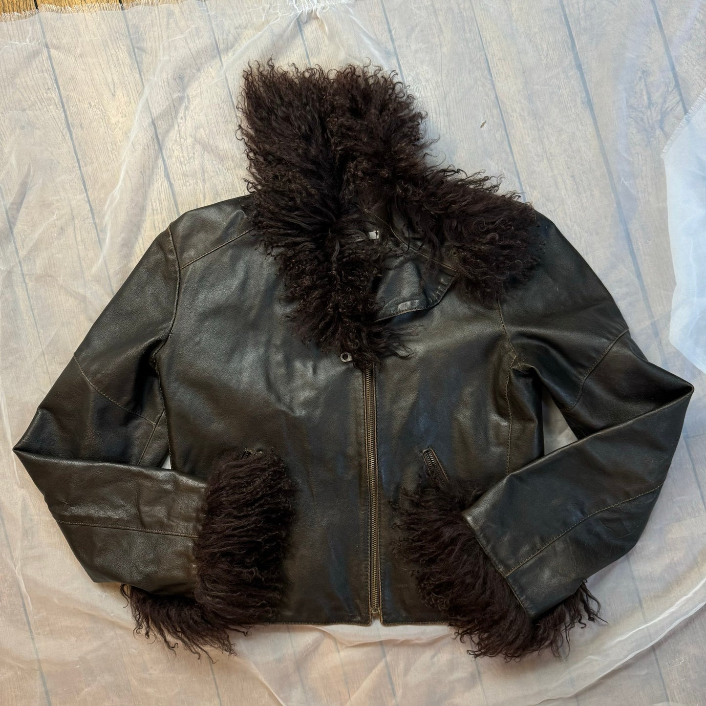 Vintage Y2K Italian leather fur trimmed jacket - Afghan coat style (S)