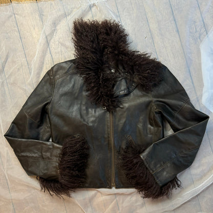 Vintage Y2K Italian leather fur trimmed jacket - Afghan coat style (S)