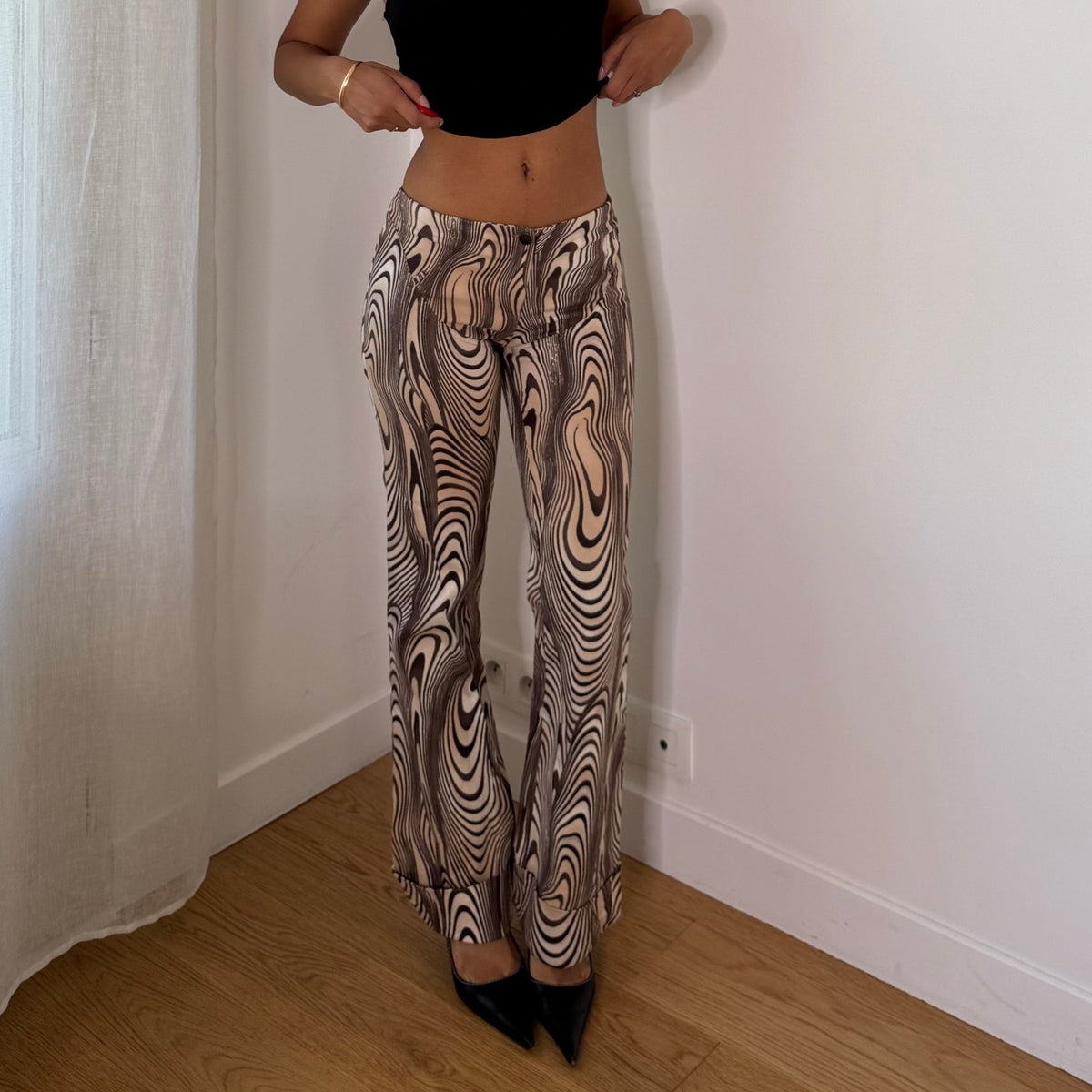 Italian Vintage Beige Brown Psychedelic Swirl Print 2 Piece Vest & Flared Pants Set
