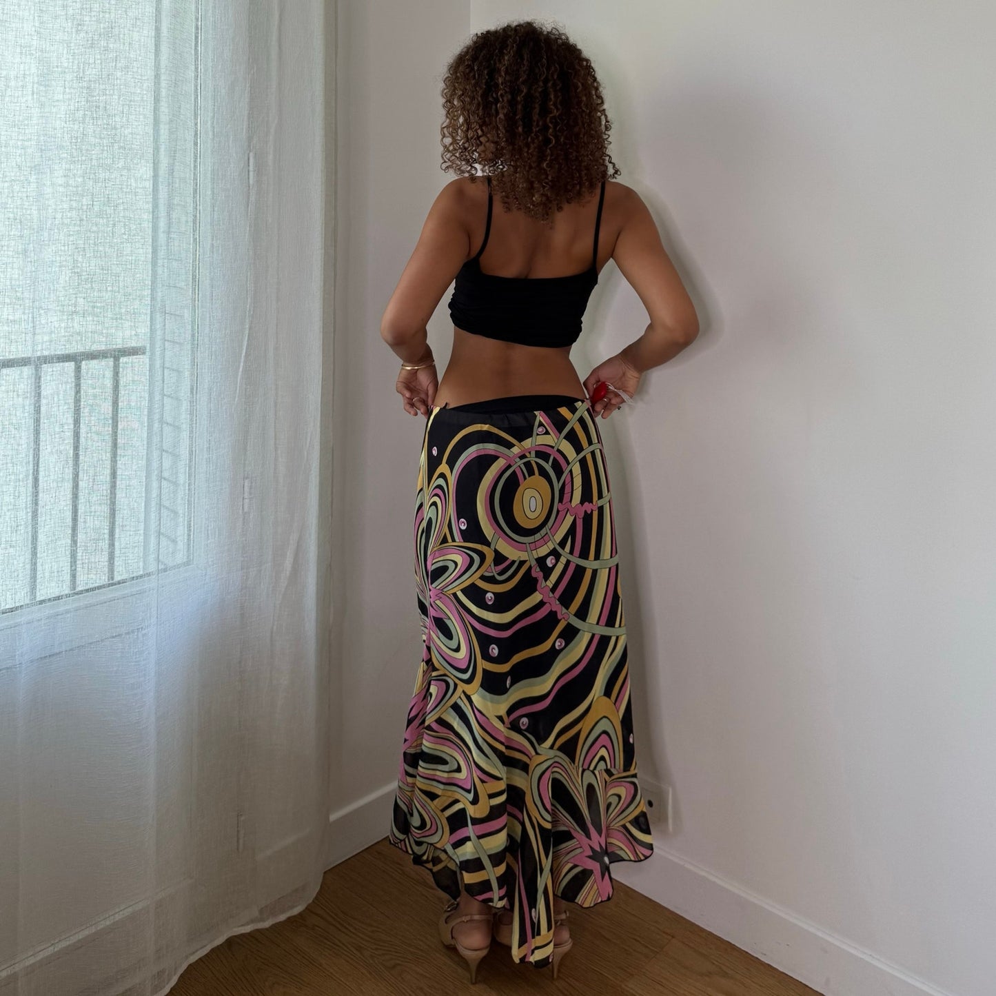 Vintage Black Pink Green Yellow Abstract Mesh Midi Skirt Euro Y2K (M)