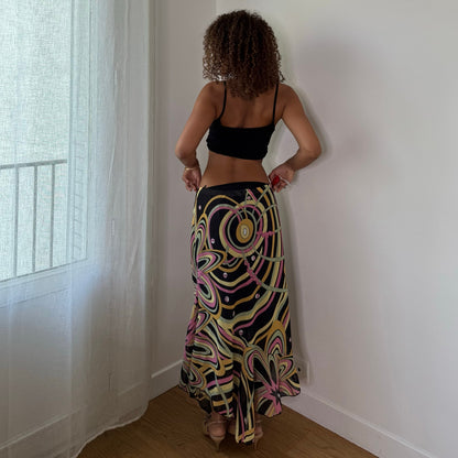 Vintage Black Pink Green Yellow Abstract Mesh Midi Skirt Euro Y2K (M)