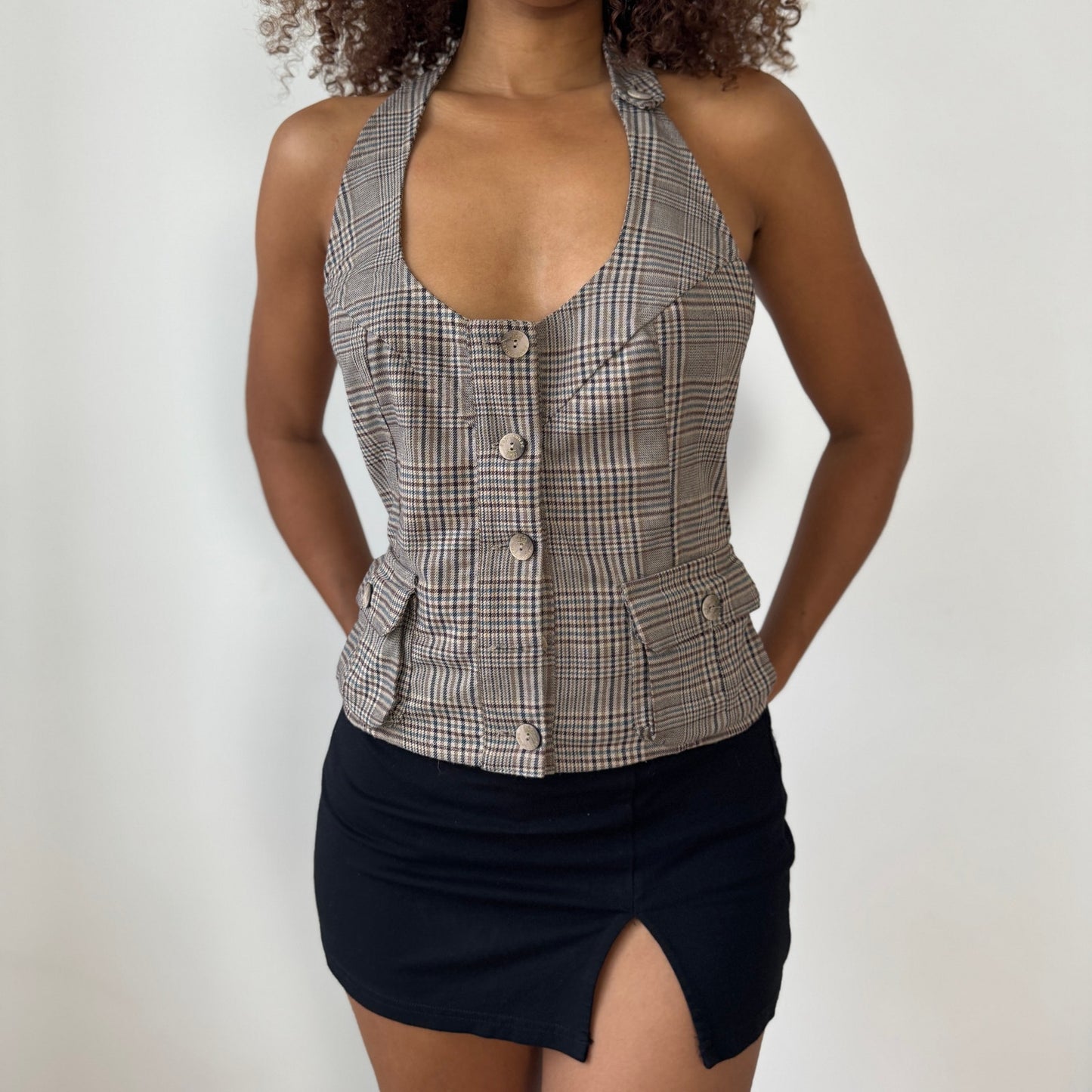 Italian Vintage Denny Rose Plaid Halter Waistcoat Top (S/M)