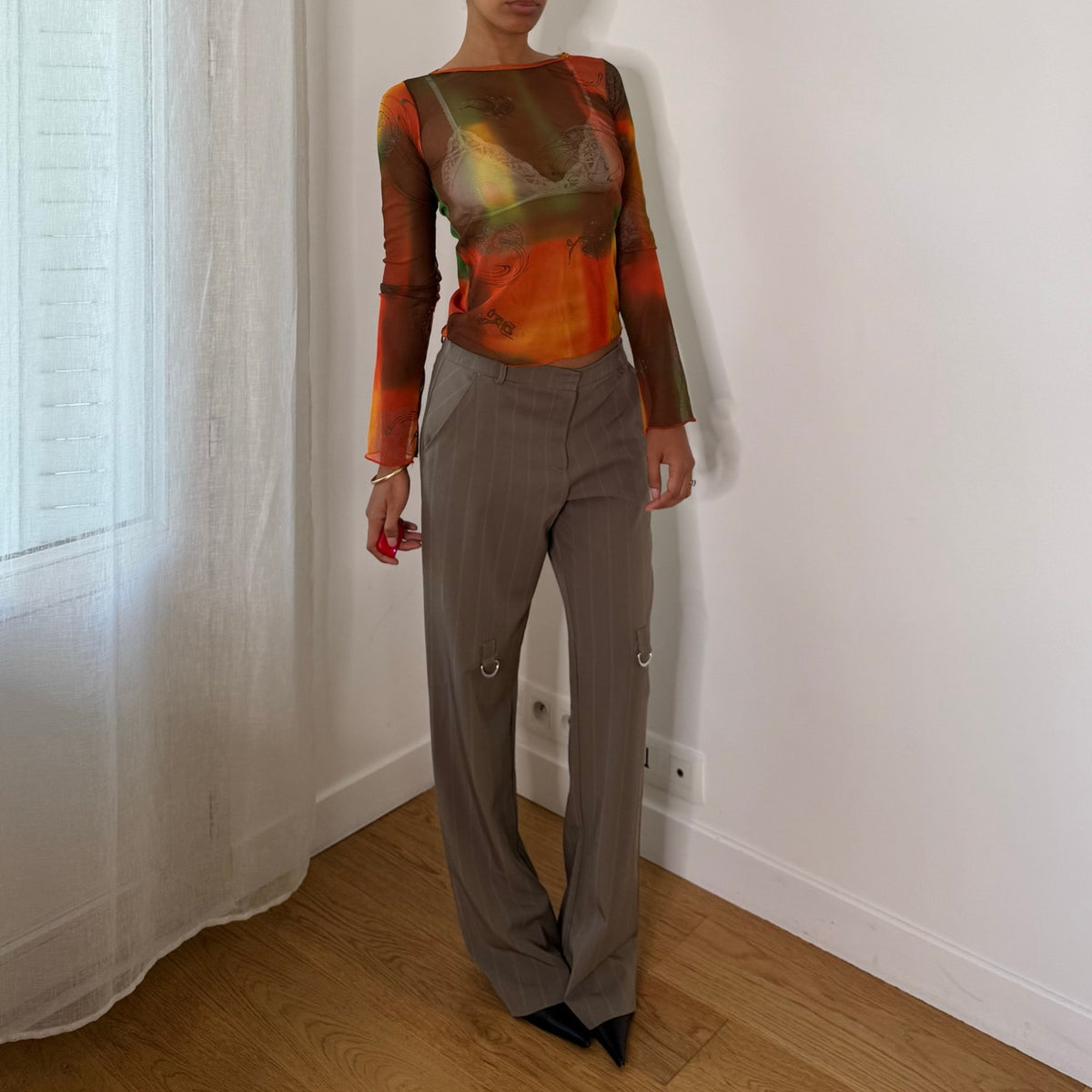 Italian Vintage Green Pinstripe Low Rise Wide Leg Trousers with Silver Ring Hardware
