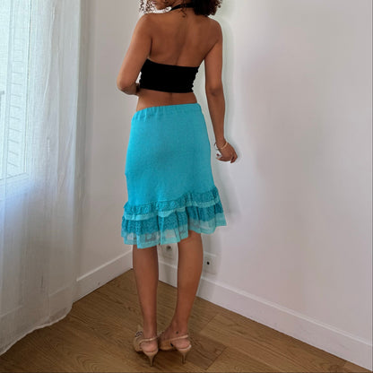 Vintage Turquoise Blue Floral Embroidered Knit Lace Midi Skirt Italian Y2K (XS/S)