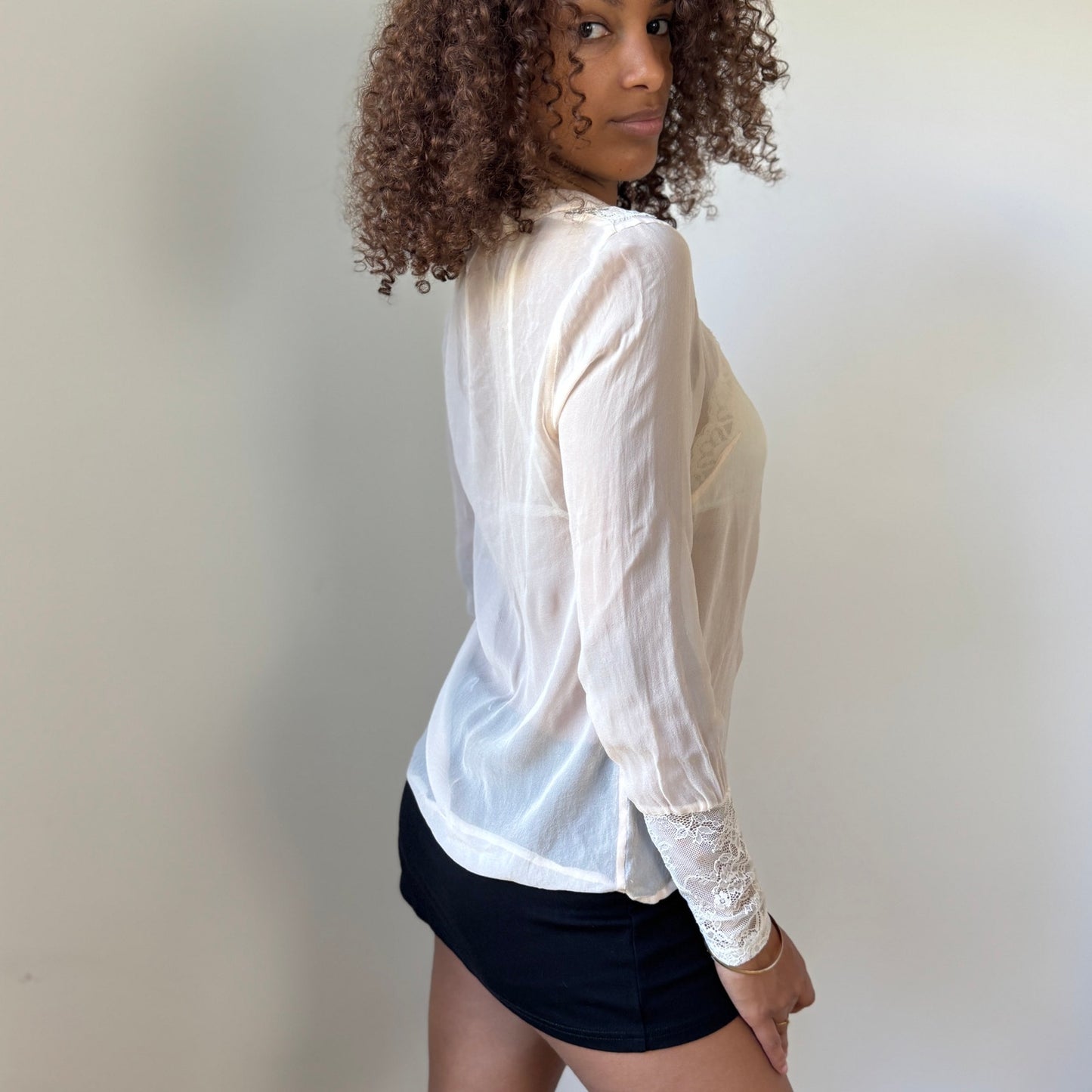 Vintage euro Ivory Sheer Lace-Panel Button Blouse with Lace Cuffs (S)