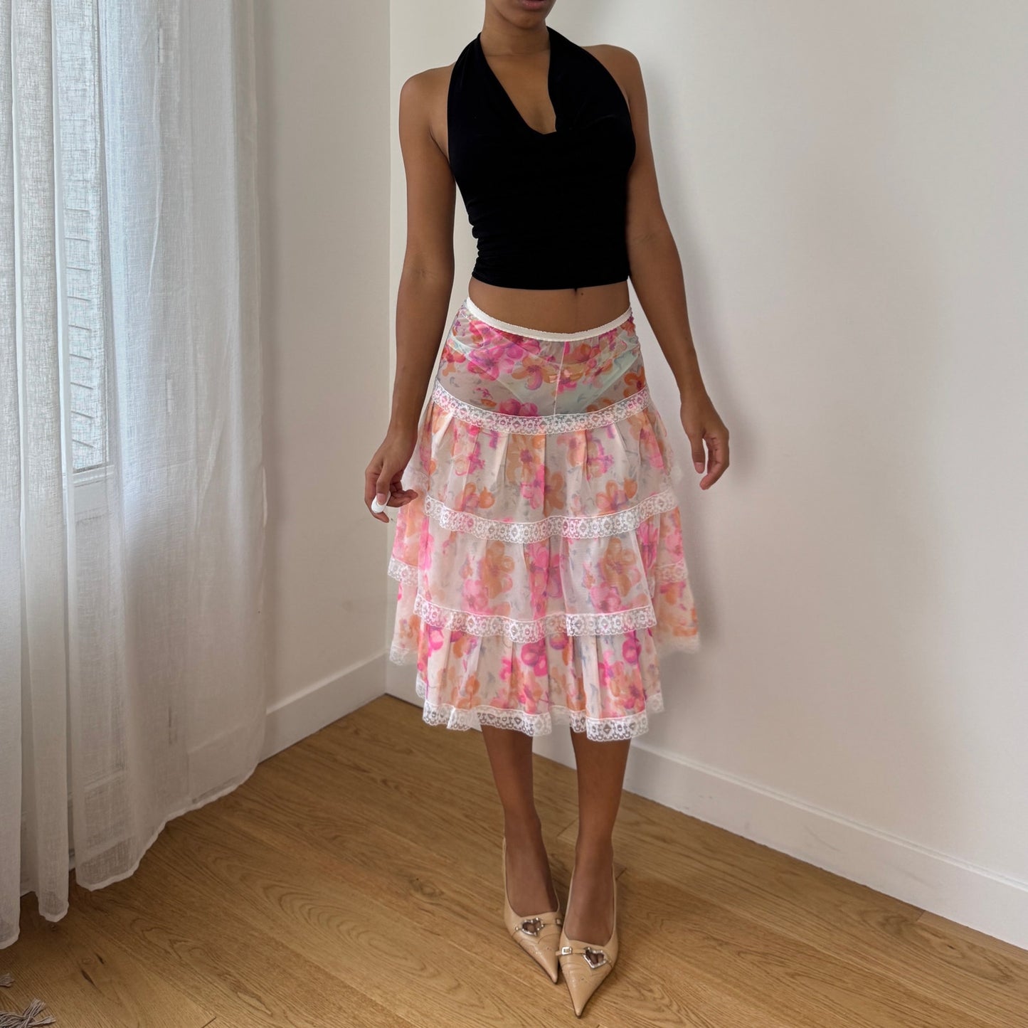 Vintage Euro floral mesh tiered lace-trim semi-sheer midi skirt (XS/S)