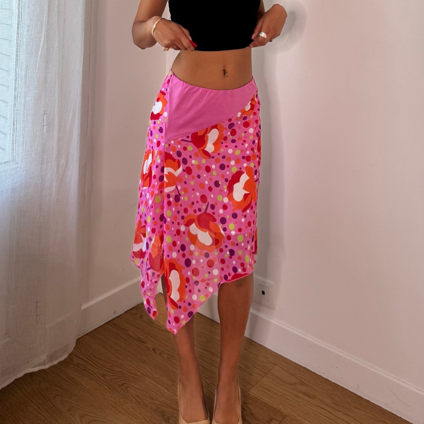 Vintage Pink Abstract Mesh Asymmetrical Midi Skirt Italian Y2K (S)