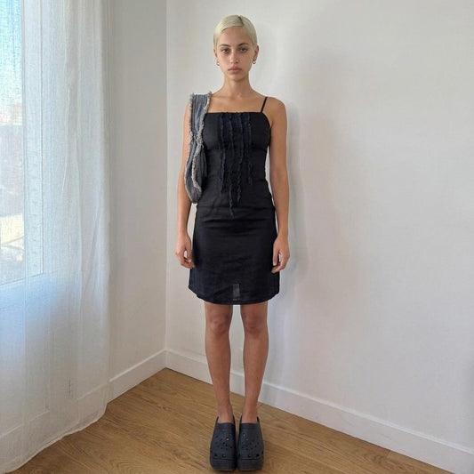 Vintage Black Ruffle Mini Dress (XS)