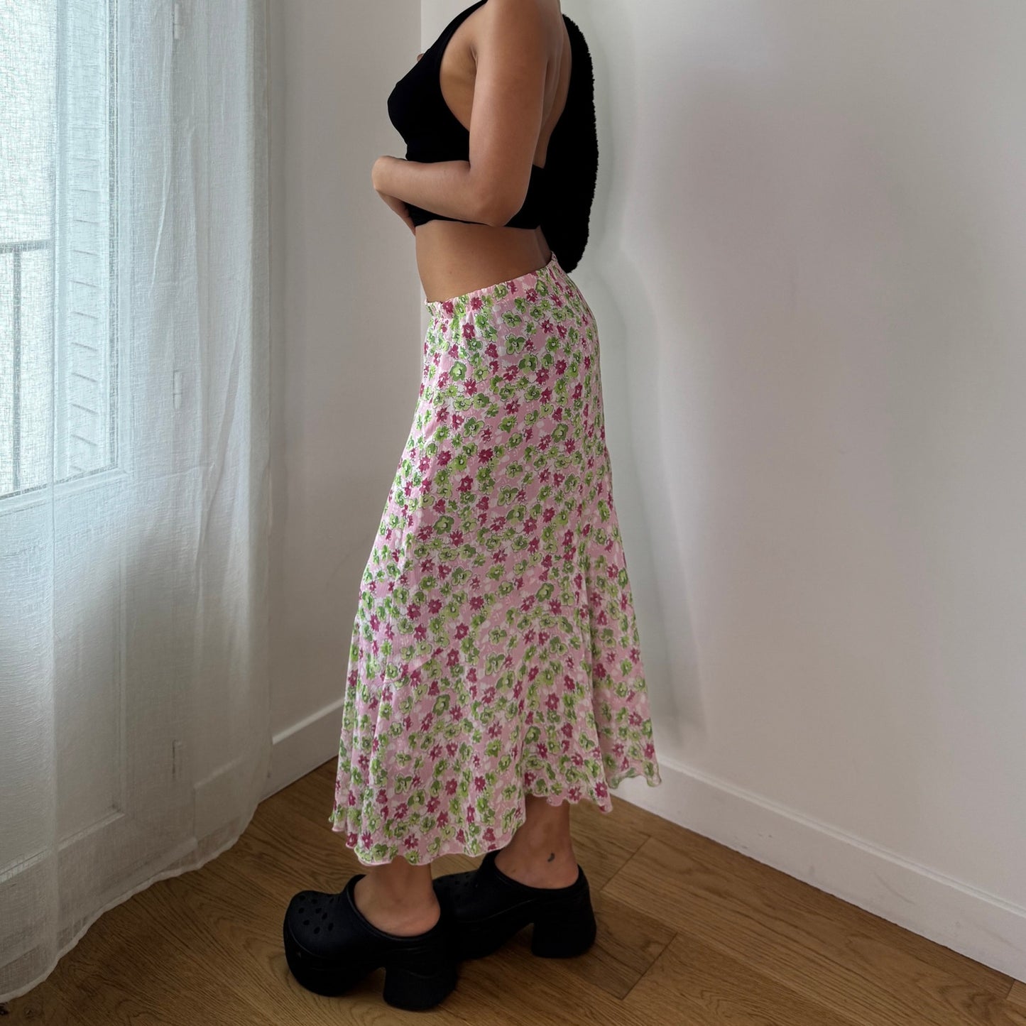 Vintage Pink Green Floral Mesh Maxi Skirt Italian Y2K Bias Cut Skirt (S) ⠀
